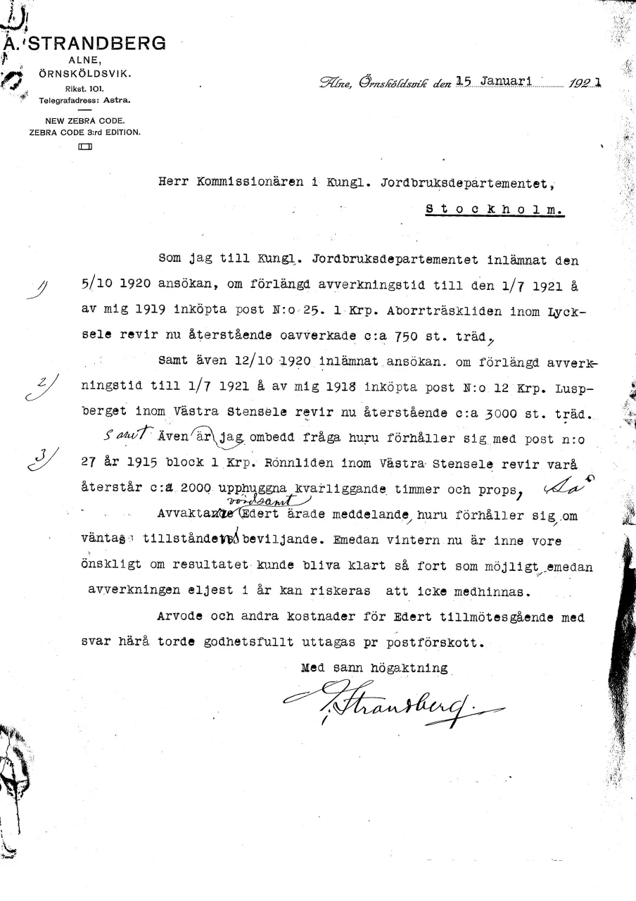 19210115 Brev till jorsbruksdepartementet